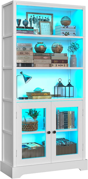 5-Tier Bookshelf with Ambient Lighting and Cabinet Doors
