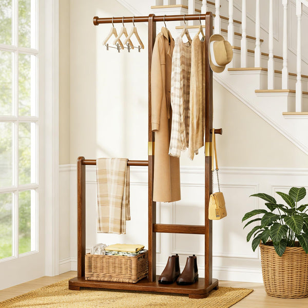 Double Rod Freestanding Coat Rack – Solid Wood, Bedroom & Entryway