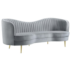 Gray Velvet Channel Tufted Sofa with Inverted Camelback