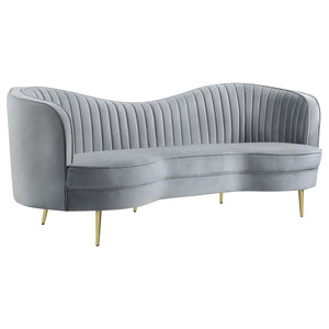 Gray Velvet Channel Tufted Sofa with Inverted Camelback