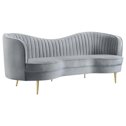 Gray Velvet Channel Tufted Sofa with Inverted Camelback