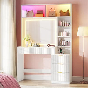Fluted Vanity Desk with Mirror & LED Lights