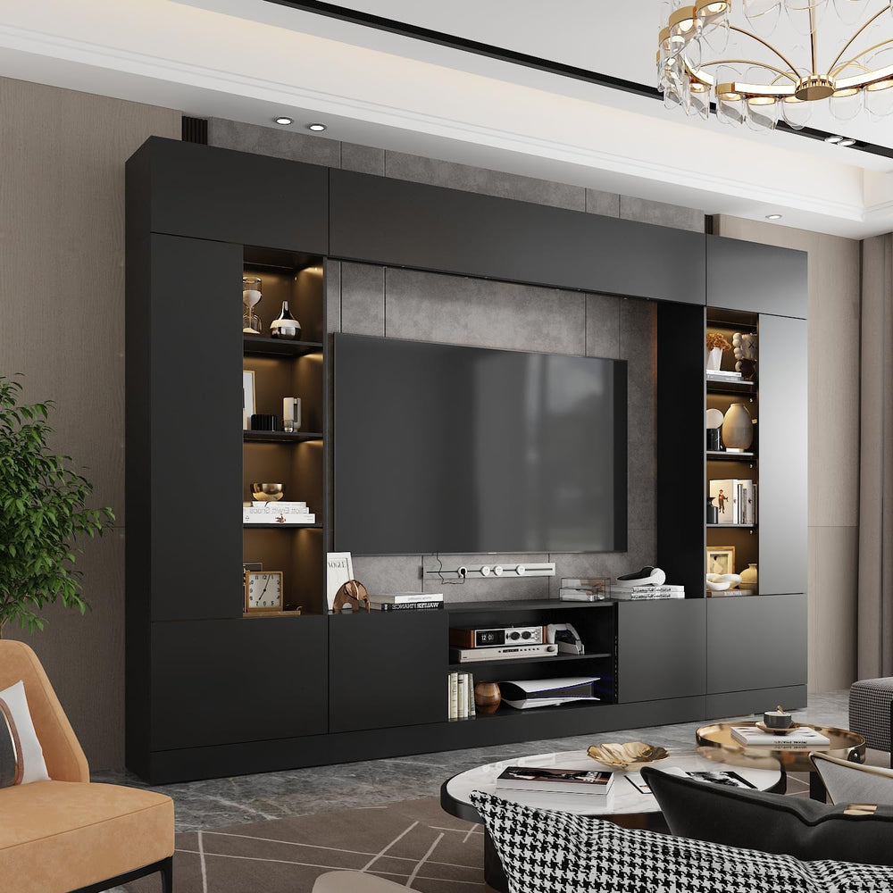 114" Wall Unit Entertainment Center with LED Lights & 18 Shelves