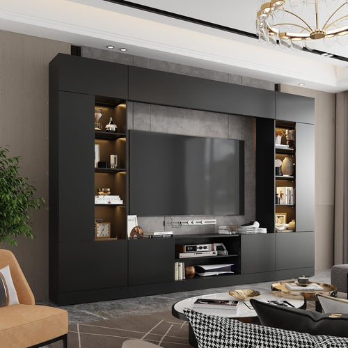 114" Wall Unit Entertainment Center with LED Lights & 18 Shelves