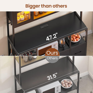 Bakers Rack with Power Outlet, LED Light & Storage Cabinet