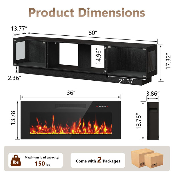 80" Electric Fireplace TV Stand with Glass Cabinets & LED Lighting