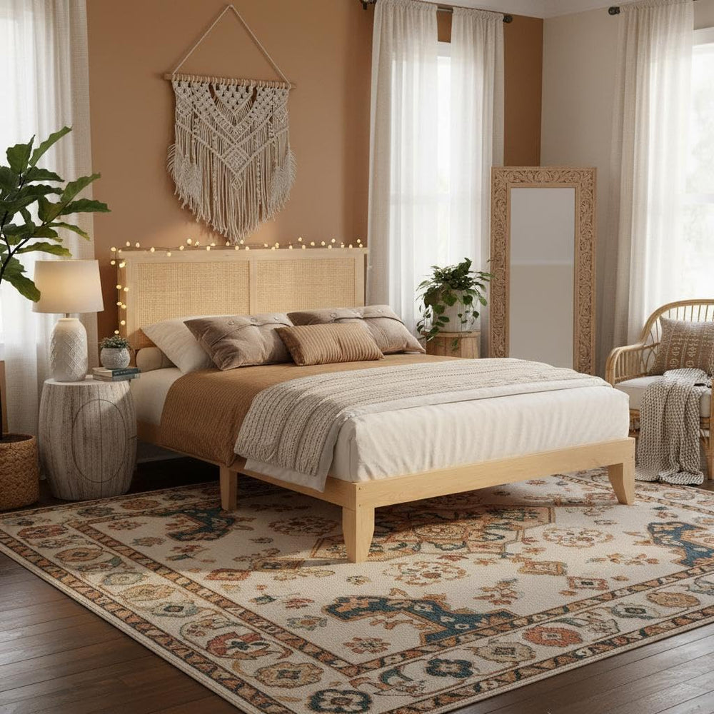 Rattan Platform Bed Frame with LED Lights & Storage