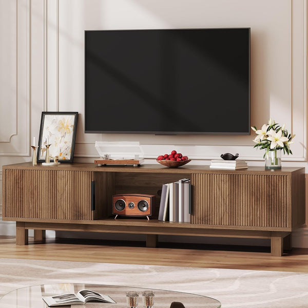 Fluted TV Stand with Power Outlets & Adjustable Shelves for 55–65 Inch TVs