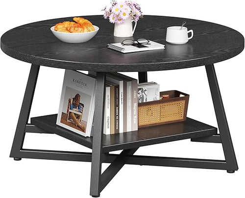 Round Coffee Table with Storage – 2-Tier Modern Wood & Metal Design