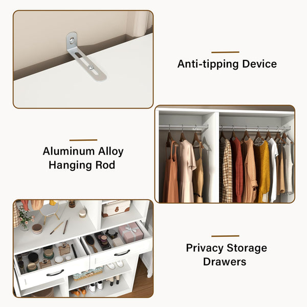 Wardrobe Closet with 2 Drawers, 10 Shelves & 2 Hanging Rods – 81" H