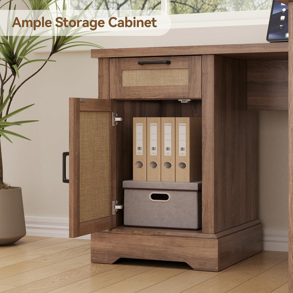 Farmhouse L-Shaped Corner Desk – 3 Drawers, 2 Cabinets & Built-In Power Outlets