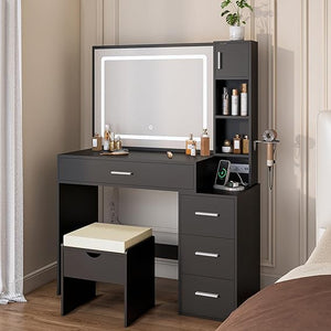 LED Lighted Vanity Desk with Sliding Cabinet, Drawers & Storage Stool