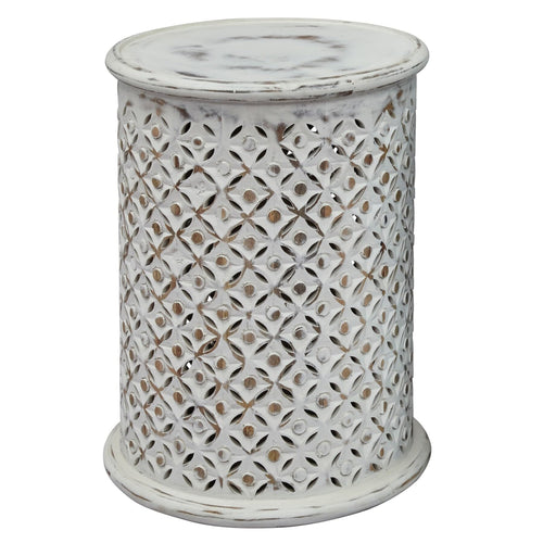 Round Drum End Table – Hand-Carved Mango Wood
