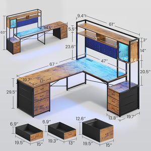 L-Shaped Gaming Desk with Drawers, Hutch & LED Lights