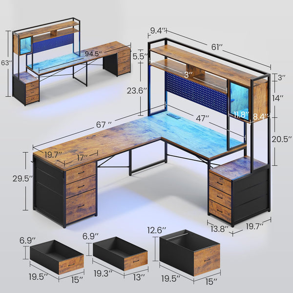 L-Shaped Gaming Desk with Drawers, Hutch & LED Lights