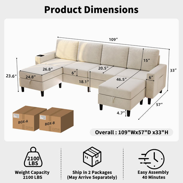 U-Shaped Sectional Sofa with LED Lights, Wireless Charging & Storage Ottomans