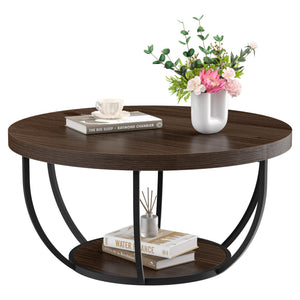 Round Coffee Table with 2-Tier Storage & Steel Frame