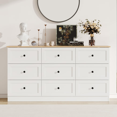 9 Drawer Dresser 59" Wide – Chest of Drawers with Metal Handles