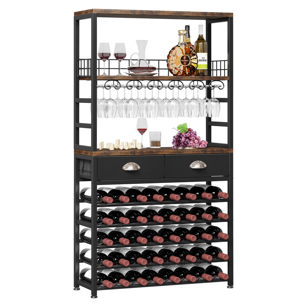 6-Tier Freestanding Wine Rack Cabinet with Drawer and Glass Holder