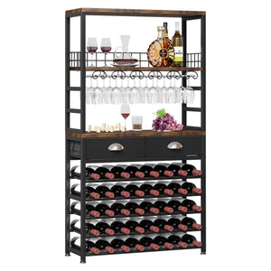 6-Tier Freestanding Wine Rack Cabinet with Drawer and Glass Holder