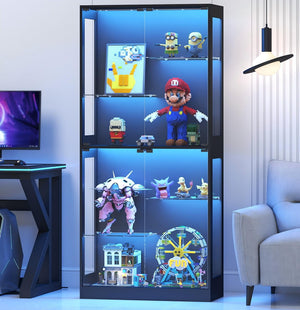 69-Inch Glass Display Cabinet with RGB Lighting & Adjustable Shelves