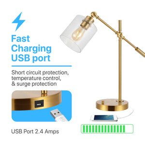 Adjustable Brass Gold Desk Lamp with USB Charging Port and Seeded Glass Shade