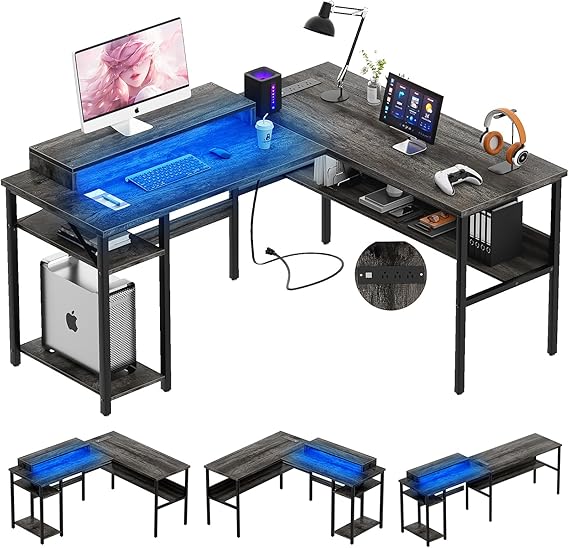 L-Shaped Computer Desk with Power Outlets & Monitor Stand