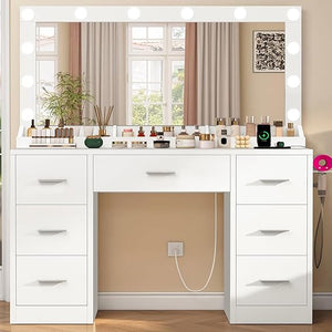 Vanity Desk with LED Mirror, Drawers & Charging Station