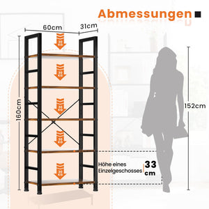5-Tier Metal & Wood Bookcase with Adjustable Shelves