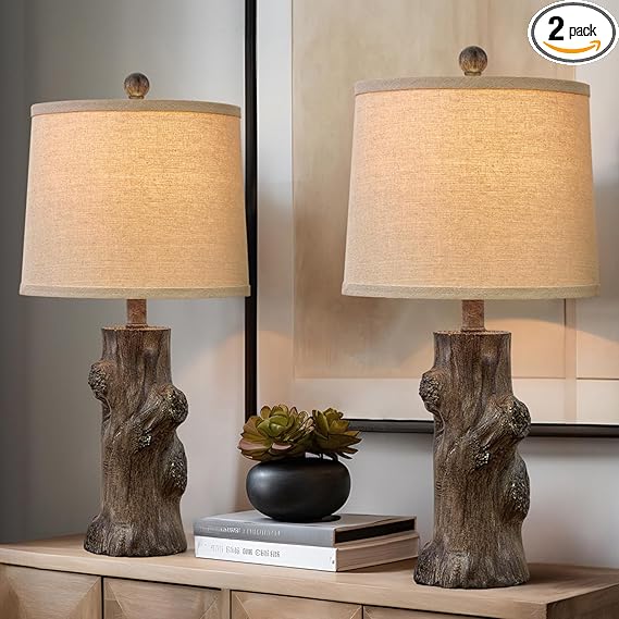 Rustic Farmhouse Table Lamp Set with USB Charging Ports