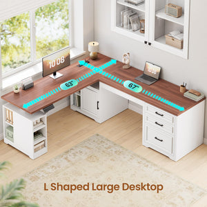 L-Shaped Electric Standing Desk with Drawers, Shelves and Power Outlet