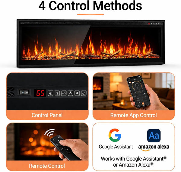 60" Smart Electric Fireplace – Wall Mount or Recessed, App & Voice Control