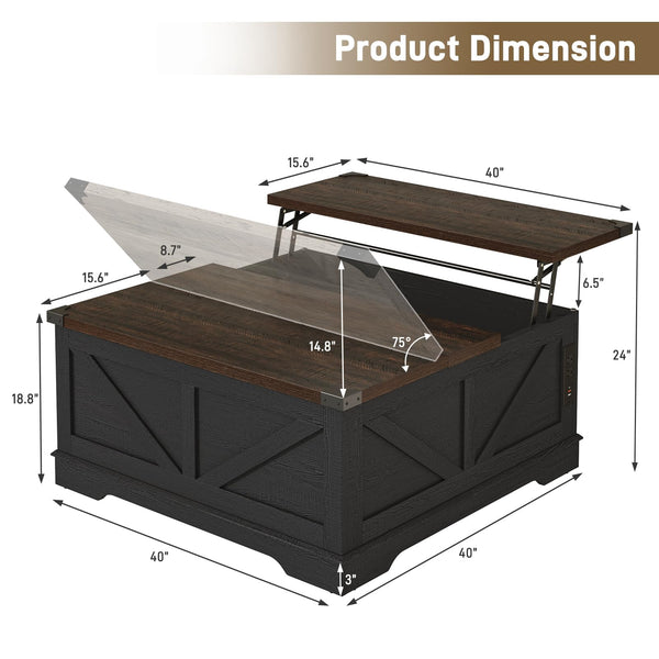 40" Square Lift Top Coffee Table with Power Outlets & Hidden Storage