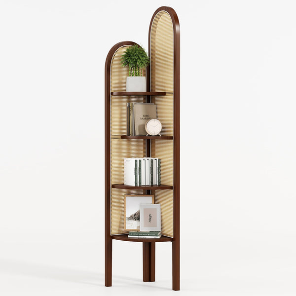 4-Tier Corner Shelf Stand with Rattan Weave