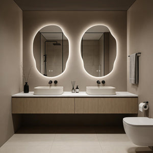 LED Backlit Bathroom Vanity Mirror – Irregular Asymmetrical Design, Anti-Fog, Dimmable 3-Color Lighting