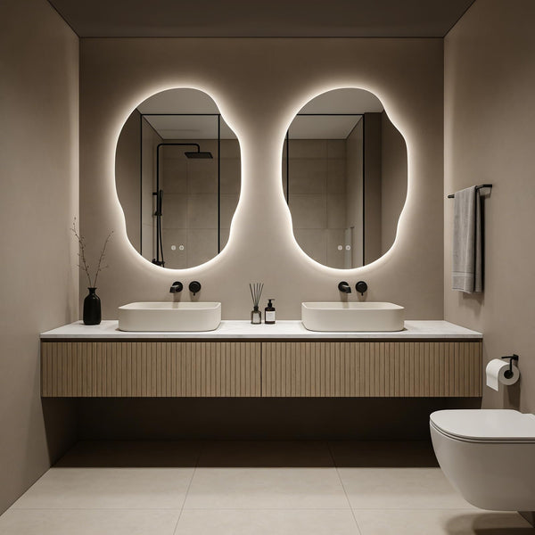 LED Backlit Bathroom Vanity Mirror – Irregular Asymmetrical Design, Anti-Fog, Dimmable 3-Color Lighting