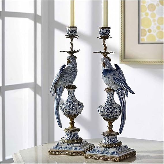 Ceramic Parrot Candle Holder – Blue & White Nordic Candlestick Stand