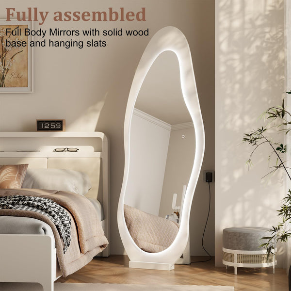 LED Full Length Wavy Floor Mirror with Wood Frame