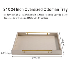 Oversized Square Ottoman Tray with Gold Handles – Faux Leather, 24x24