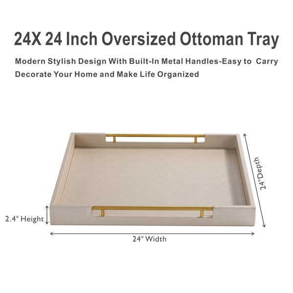 Oversized Square Ottoman Tray with Gold Handles – Faux Leather, 24x24