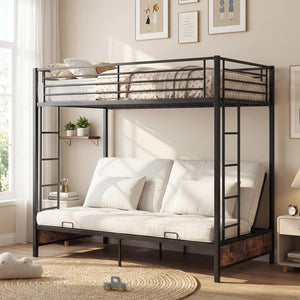 Twin Over Twin Futon Bunk Bed with Ladders & Guardrails