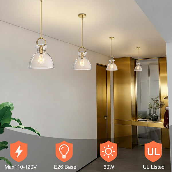 Gold Glass Pendant Light with Clear Round Shade