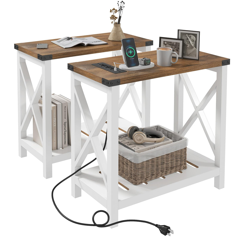 Farmhouse End Tables Set of 2 with Charging Station & Storage Shelf