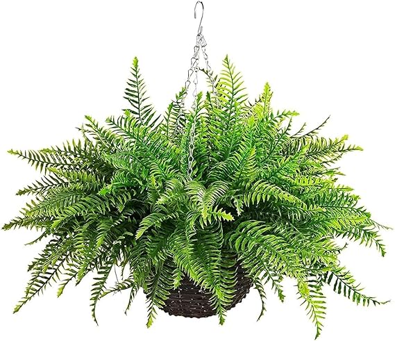 Artificial Hanging Ferns 2 Pack – Large Faux Boston Fern Bushes UV Resistant