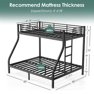 Twin XL Over Queen Bunk Bed – Heavy Duty Metal Frame with Guardrail