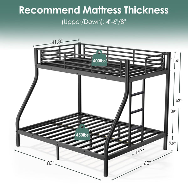 Twin XL Over Queen Bunk Bed – Heavy Duty Metal Frame with Guardrail