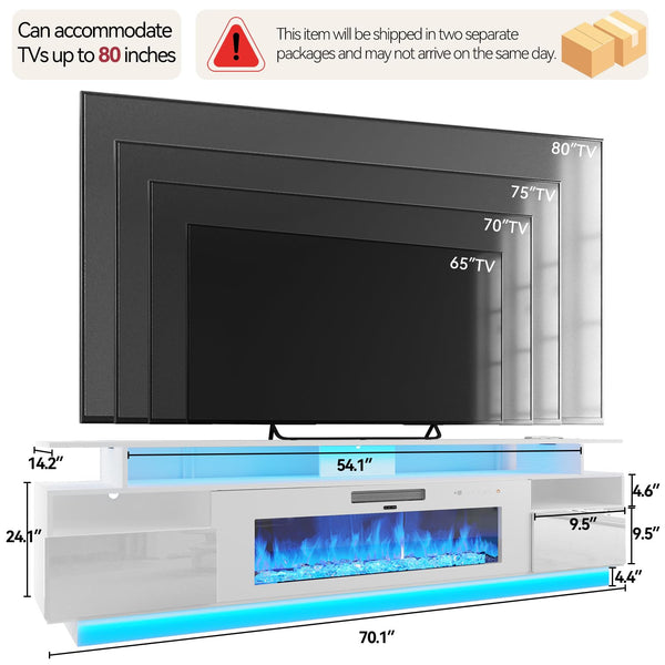 70" Electric Fireplace TV Stand with LED Lighting & Charging Station
