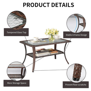 Outdoor Wicker Coffee Table with Storage & Tempered Glass Top