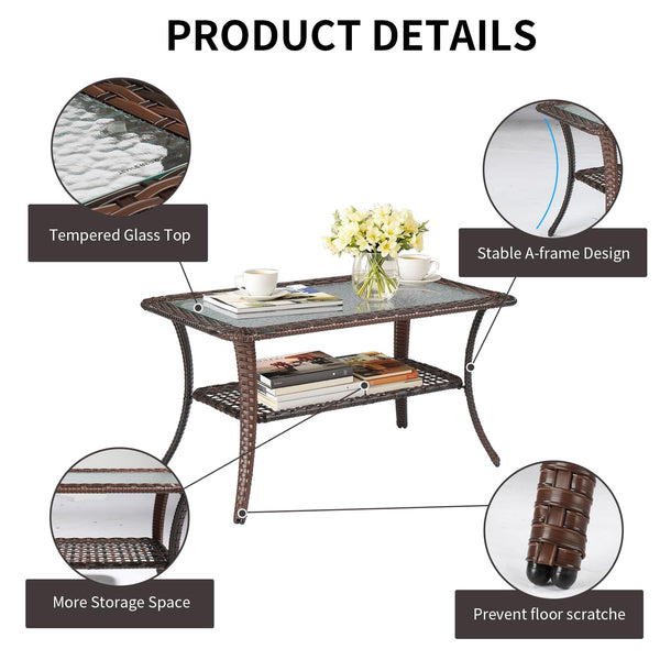 Outdoor Wicker Coffee Table with Storage & Tempered Glass Top