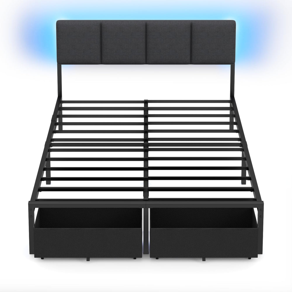 Full Size Bed Frame with LED Lighting, USB Charging & Storage Drawers